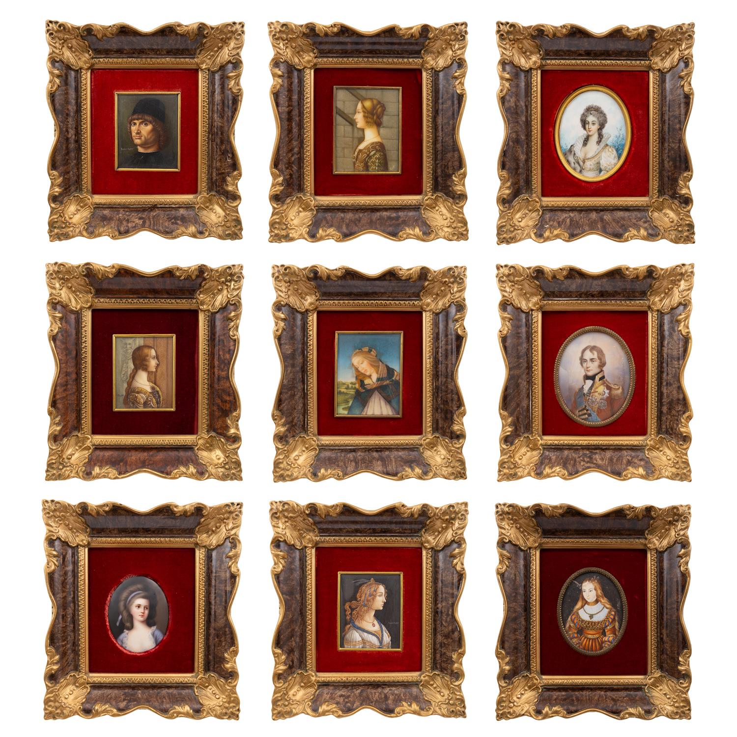 A Collection of Nine Framed Italian Miniature Portraits
