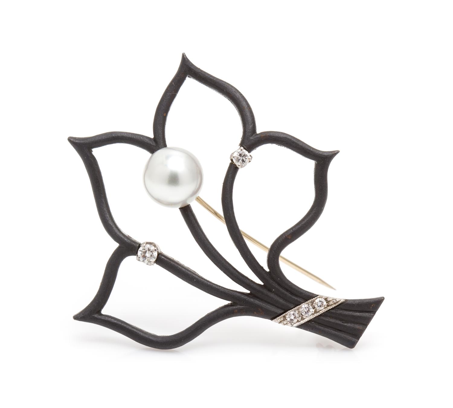 An Art Moderne Blackened Steel, Cultured Pearl and Diamond Brooch, Marsh & Co., 6.00 dwts.