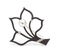 An Art Moderne Blackened Steel, Cultured Pearl and Diamond Brooch, Marsh & Co., 6.00 dwts.