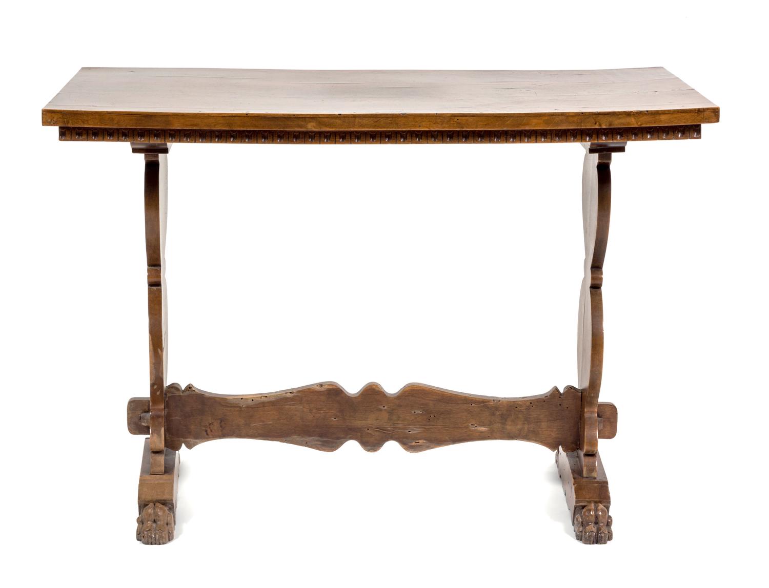 An Italian Walnut Trestle Table Height 39 x width 21 1/2 x depth 27 inches.