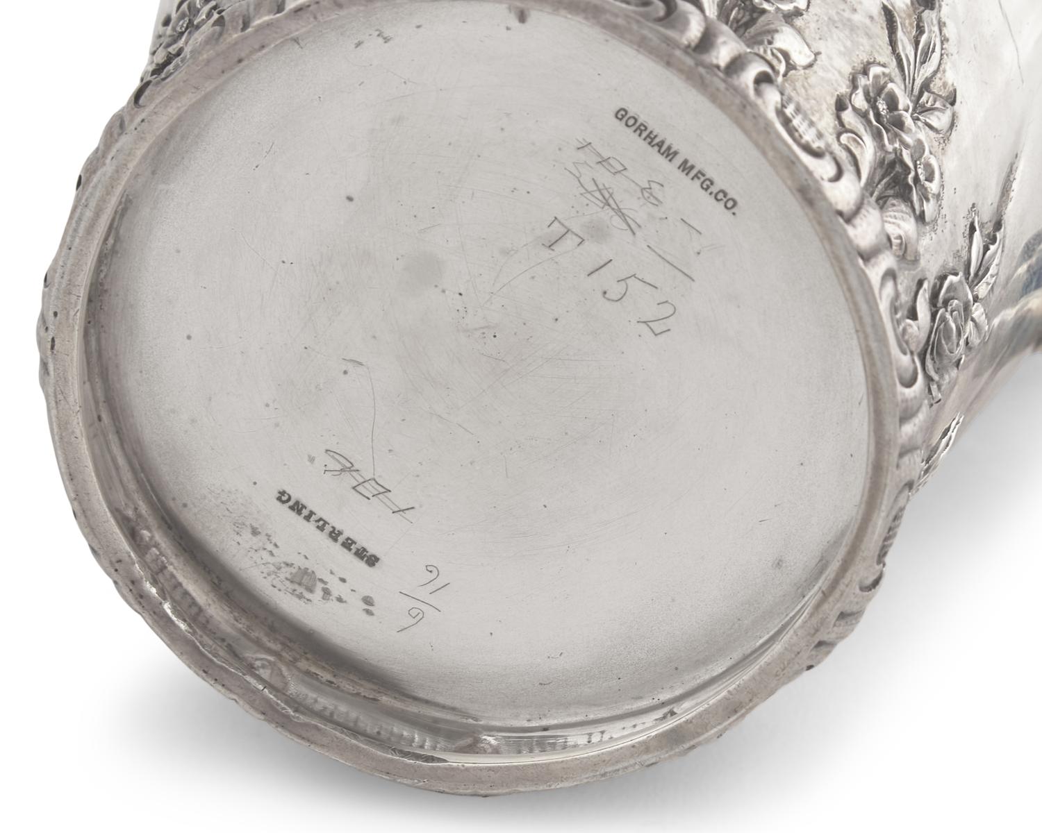 A Presentation Sterling Silver Floral Repousse Syrup Pitcher Awarded to Mrs. Washington Augustus Roebling, Gorham Mfg. Co., Providence, RI, Circa 1890s