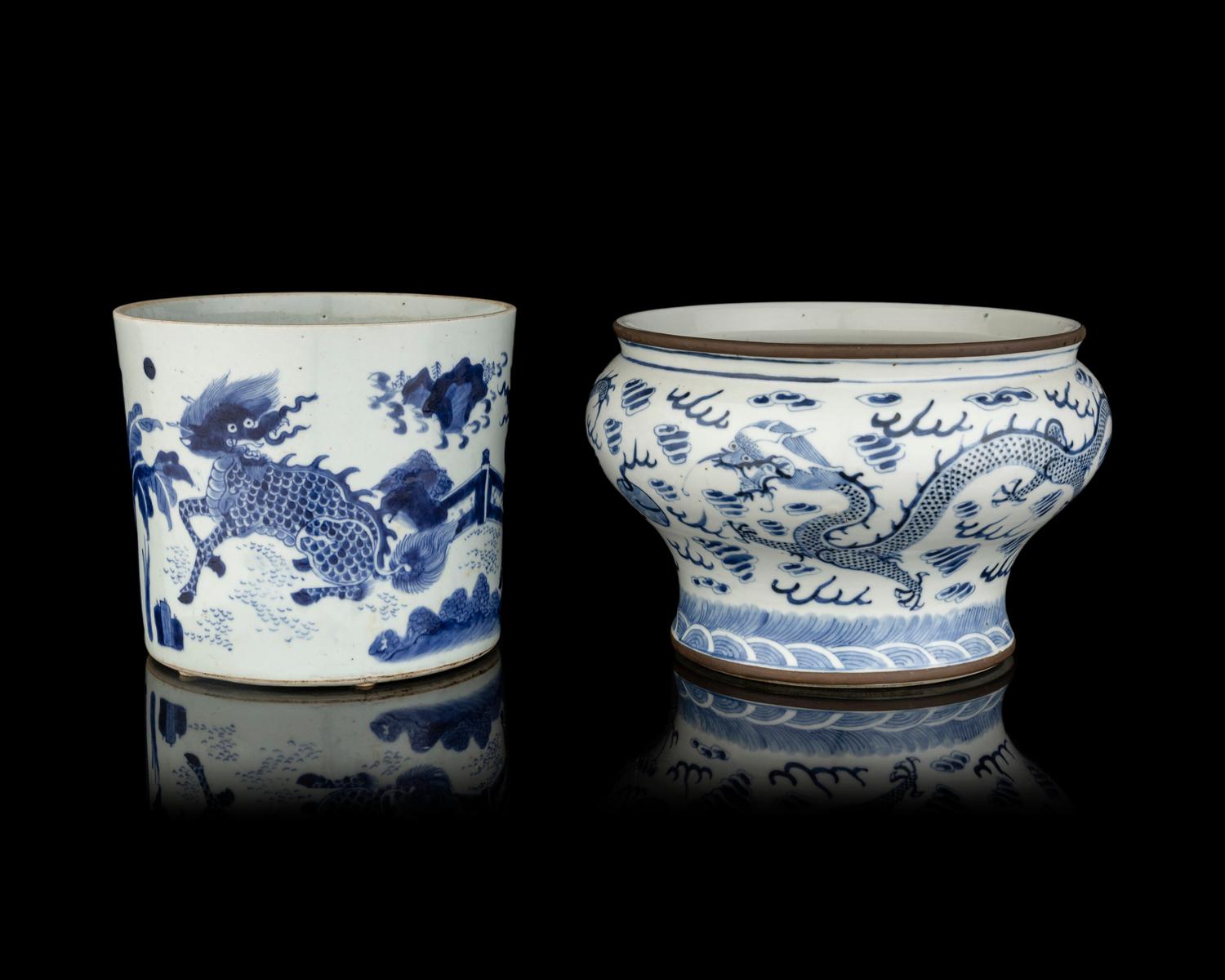Two Chinese Blue and White Porcelain Scholar's Objects