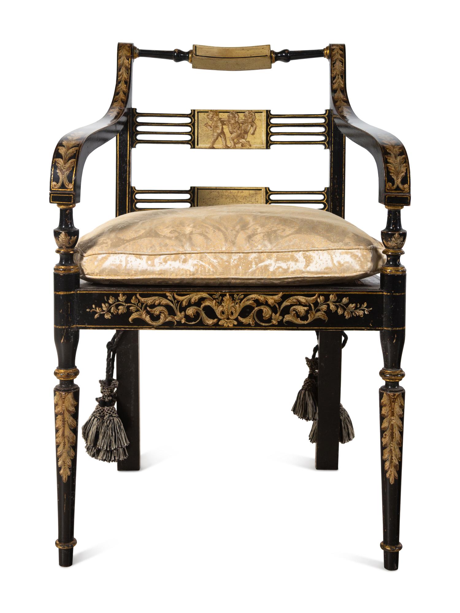 A Pair of Regency Painted and Ebonized Armchairs