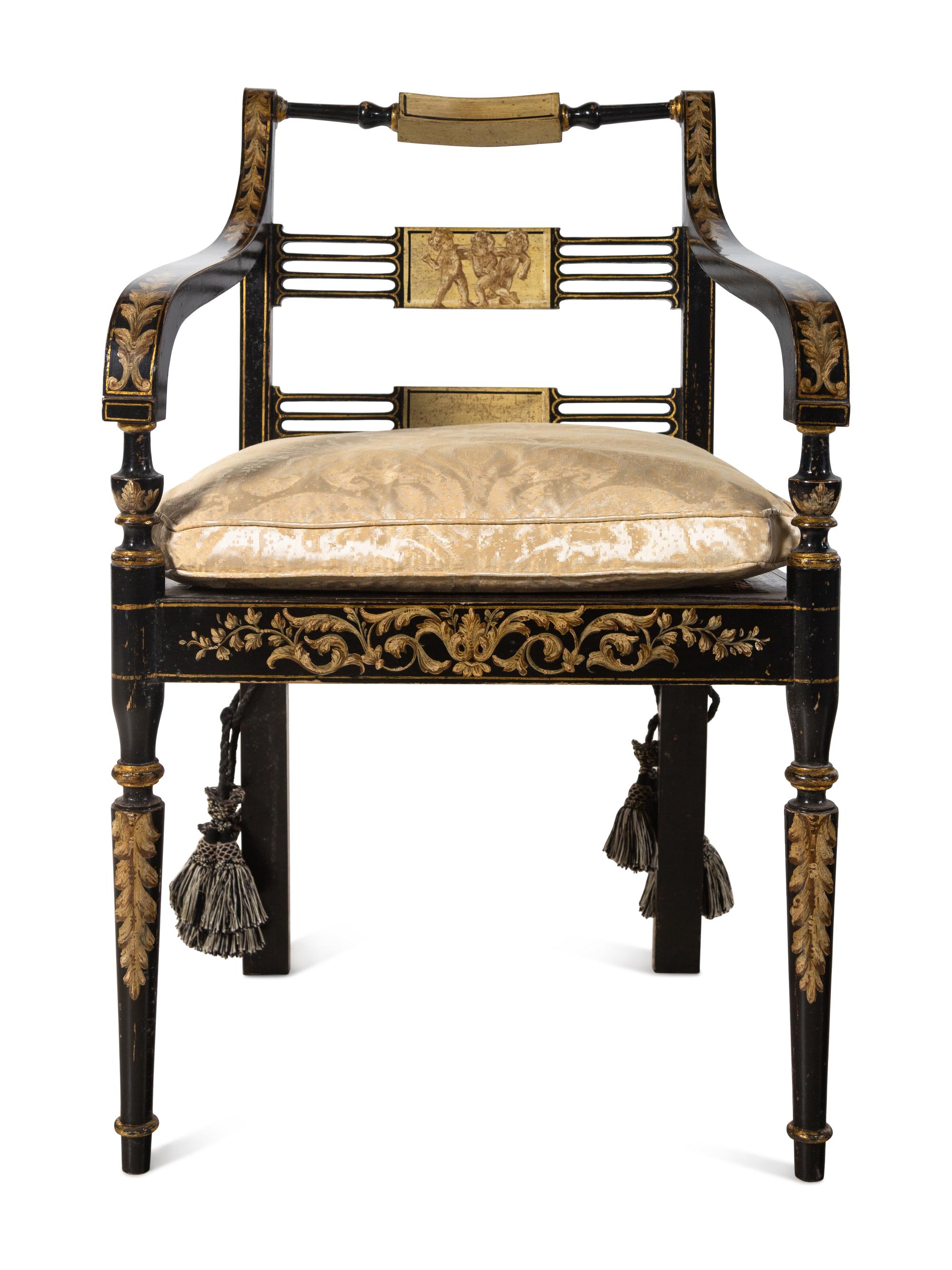 A Pair of Regency Painted and Ebonized Armchairs