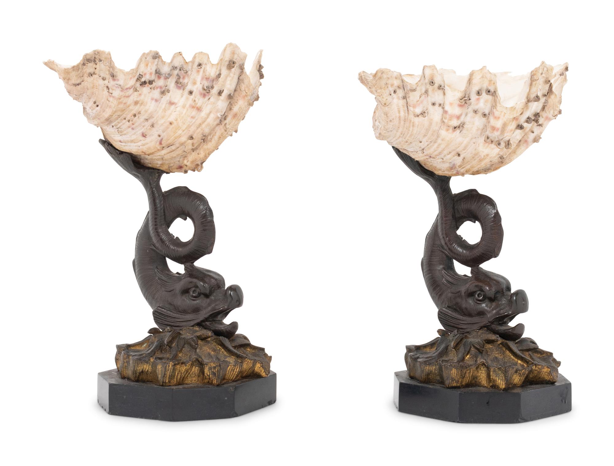 A Pair of Continental Bronze and Shell Table Ornaments