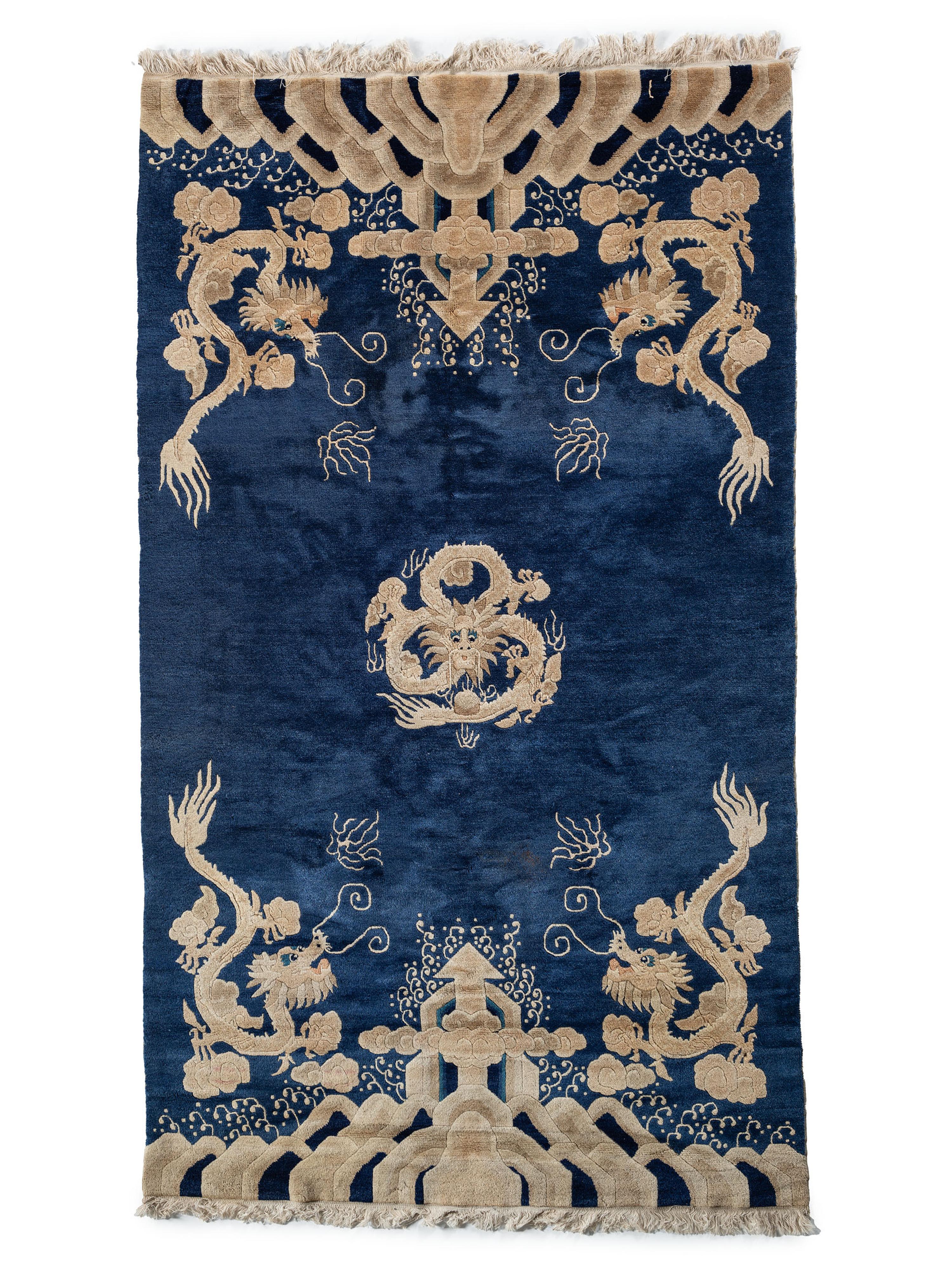 An Art Deco Chinese Style Blue Dragon Rug