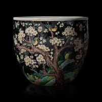 A Chinese Famille Noire Porcelain Jardiniere, Late Qing Dynasty-Republic Period 晚清-民國 黑地五彩喜上眉梢圖缸