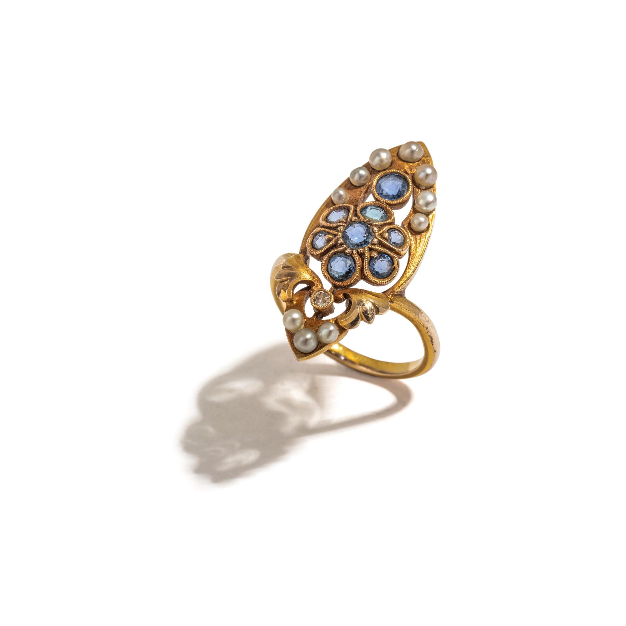 SAPPHIRE, DIAMOND AND SEED PEARL RING