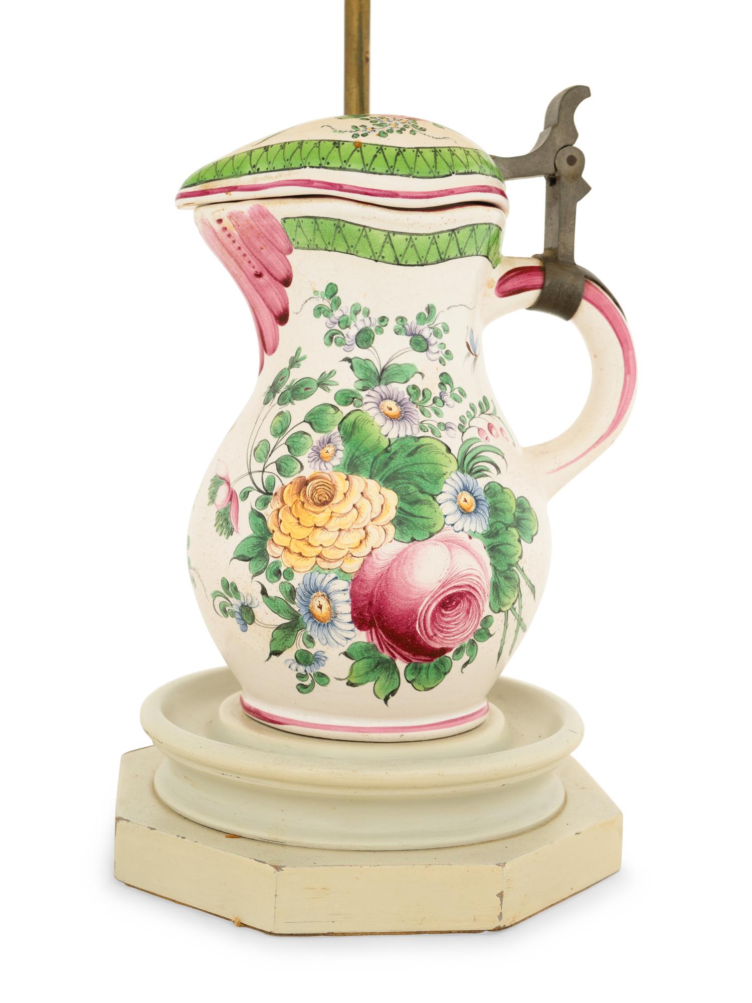 A French Pewter-Mounted Faience Jug Mounted as a Lamp