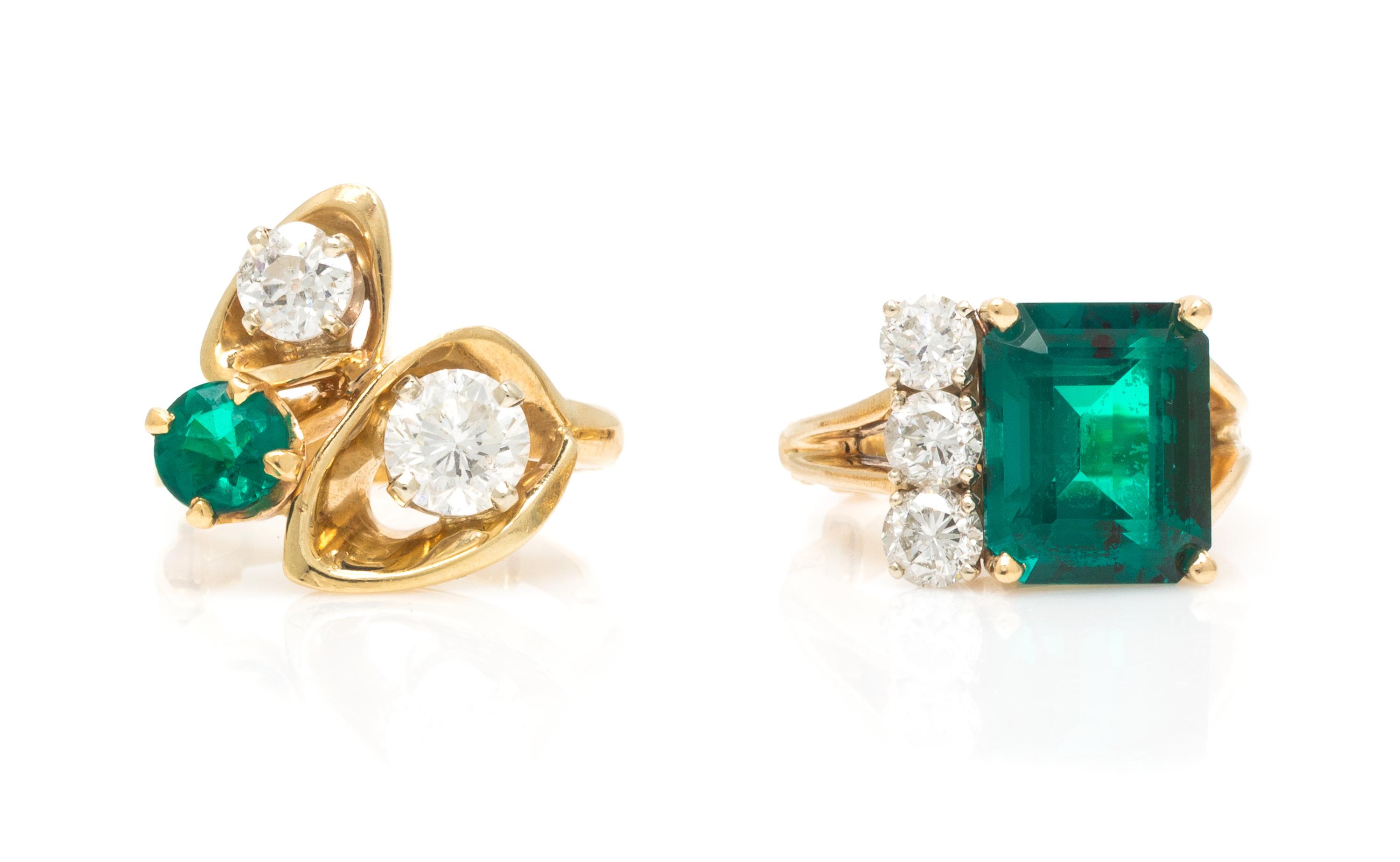 A Collection of Yellow Gold, Diamond and Simulated Emerald Rings, 9.20 dwts.