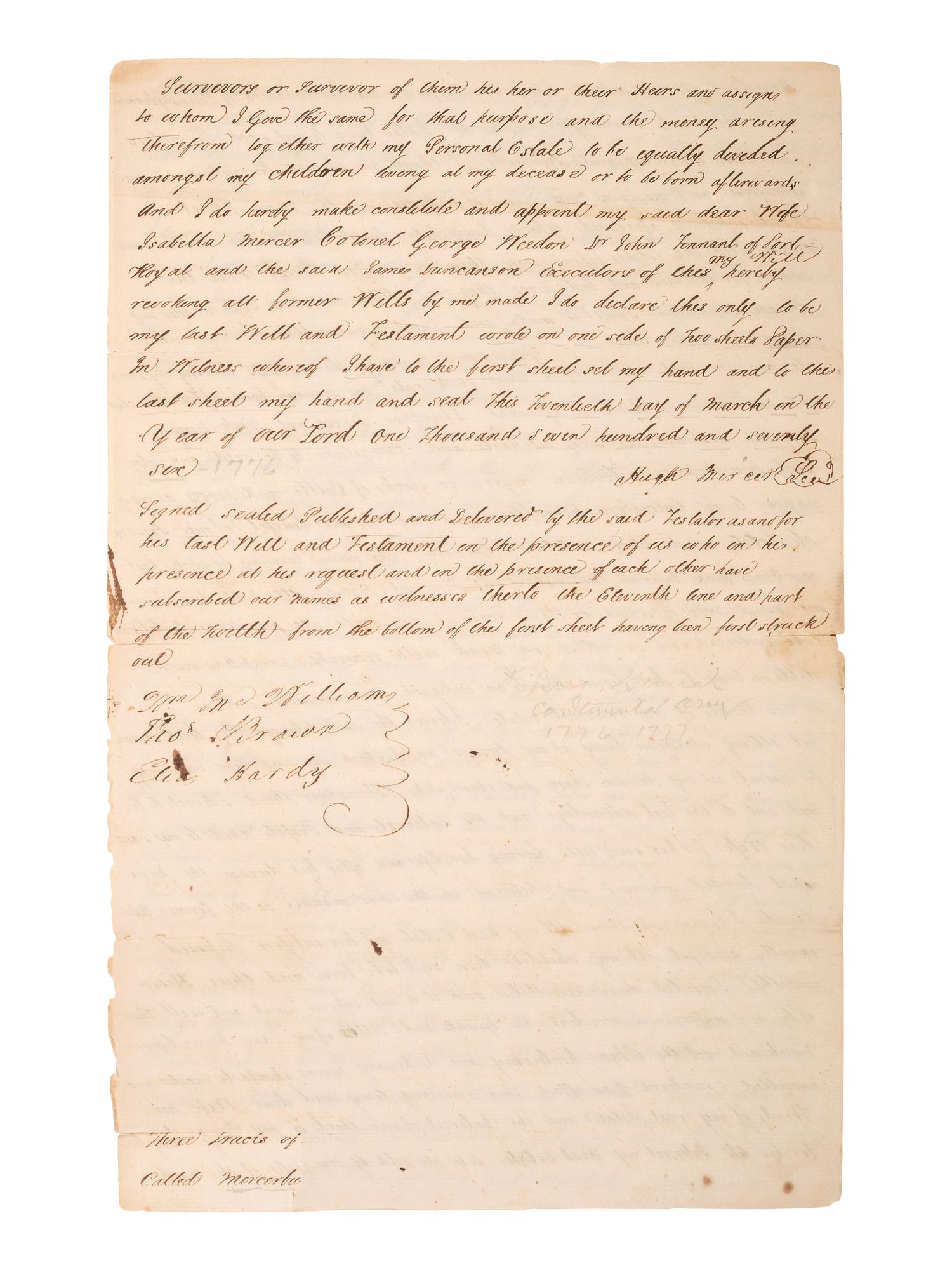 [AFRICAN AMERICANA]. MERCER, Hugh (1726-1777). Manuscript last will and testament, describing a plantation purchased from George Washington. Fredericksburg, Spotsylvania County, VA, 20 March 1776.