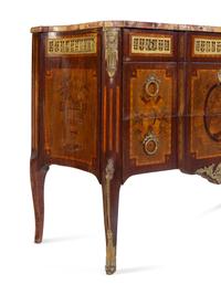 A Louis XV/XVI Transitional Style Gilt Bronze Mounted Sans Traverse Marquetry and Marble-Top Commode