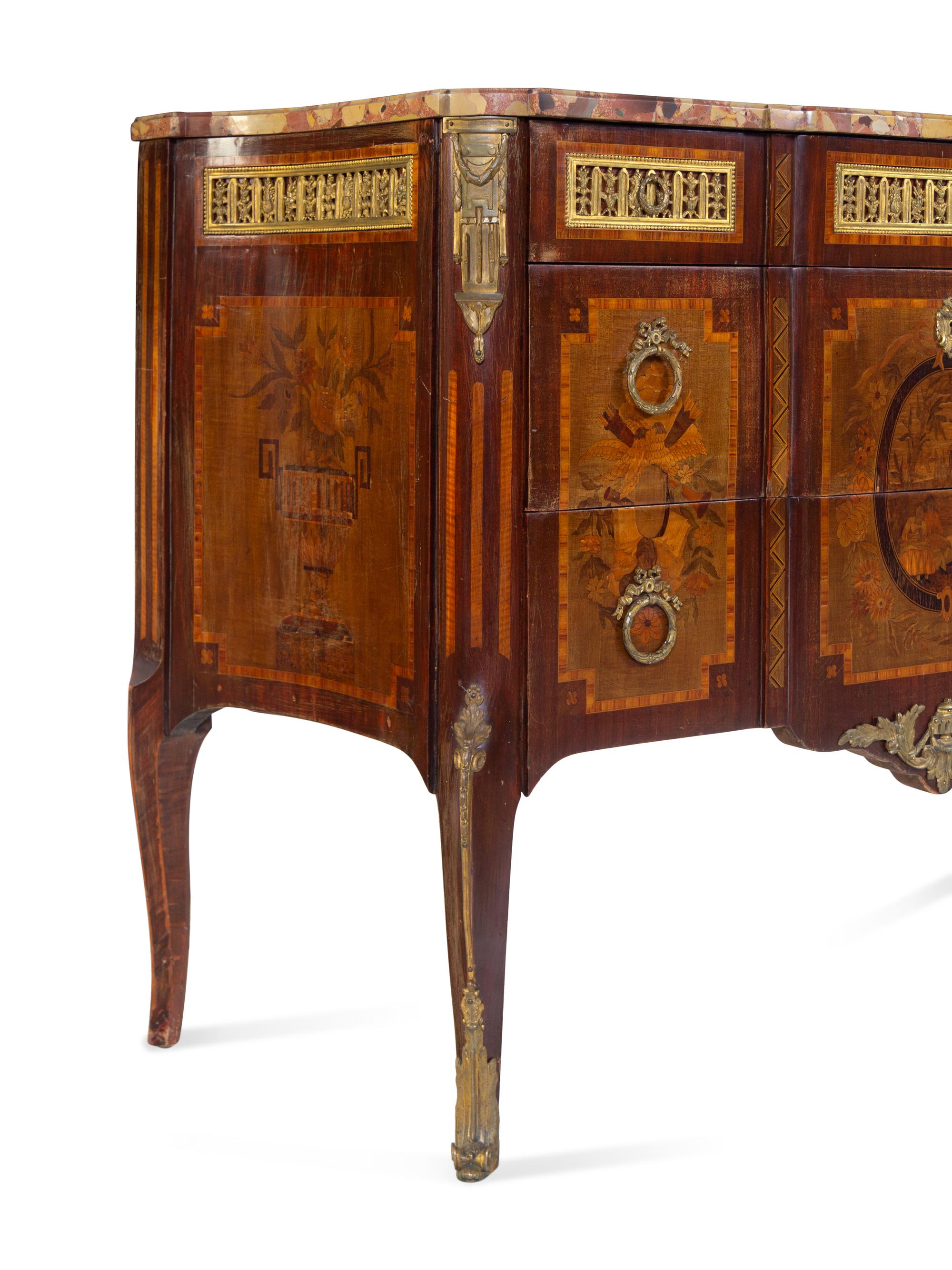 A Louis XV/XVI Transitional Style Gilt Bronze Mounted Sans Traverse Marquetry and Marble-Top Commode