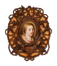 A Continental Porcelain Plaque in a Carved Oak Frame