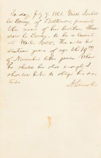 LINCOLN, Abraham (1809-1865). Autograph note signed ("A. Lincoln"). Washington, D.C., 9 July 1861.