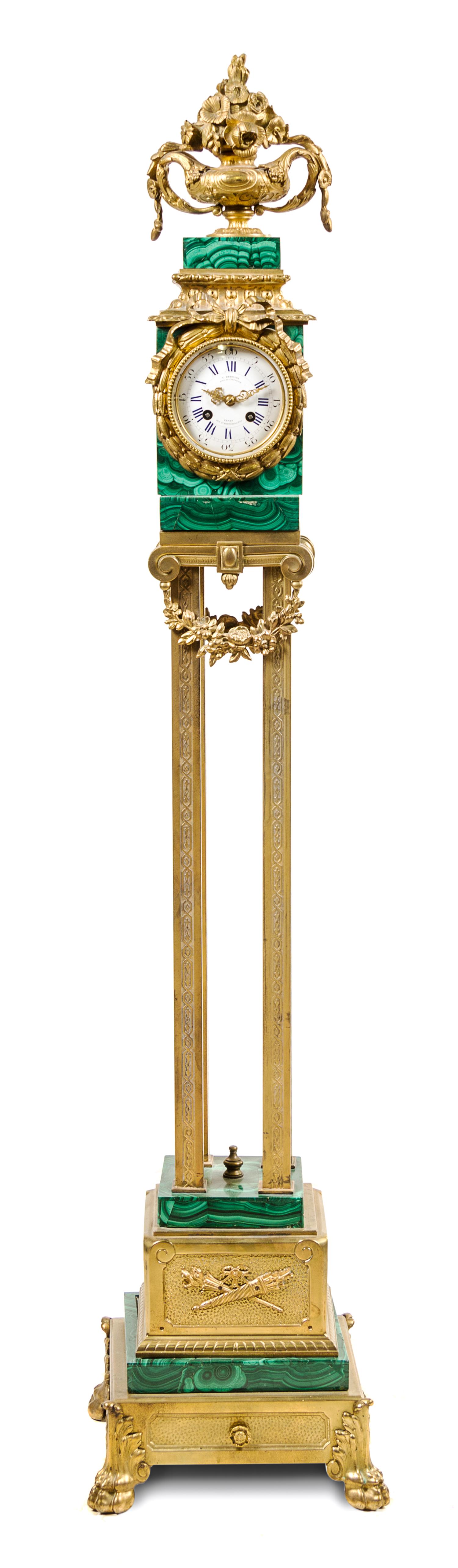 A Napoleon III Gilt Bronze and Malachite Floor Clock Height 51 inches. — CONSTANTIN-LOUIS DETOUCHE, PARIS, 19TH CENTURY
