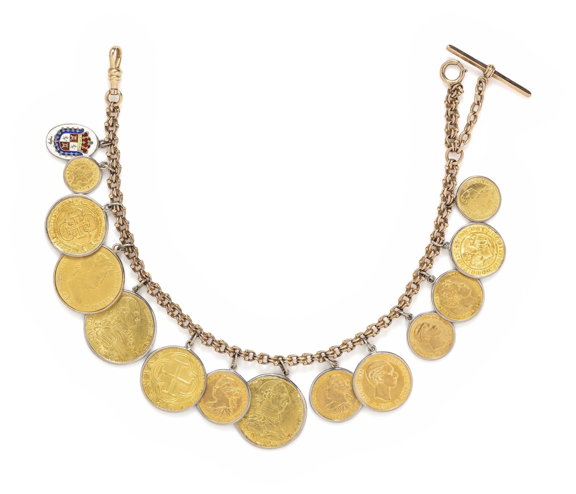 ROSE GOLD AND SPANISH YELLOW GOLD COIN NECKLACE, WITH ONE ENAMEL CHARM