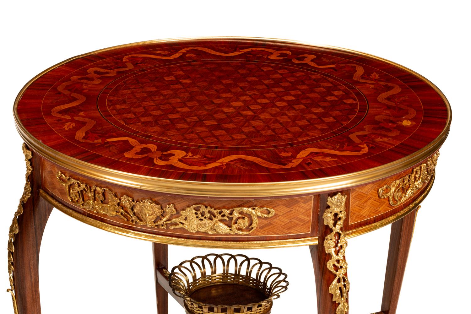 A Pair of Louis XV Style Gilt Bronze Mounted Marquetry Side Tables