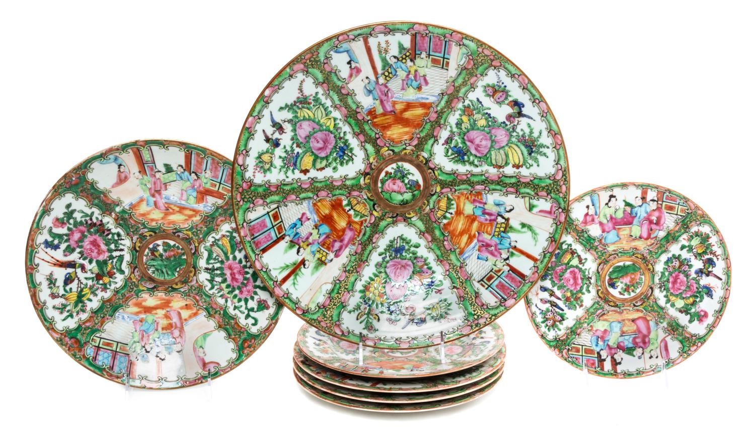 A Group of Seven Rose Medallion Porcelain Plates Diameter of largest 9 3/4 inches.