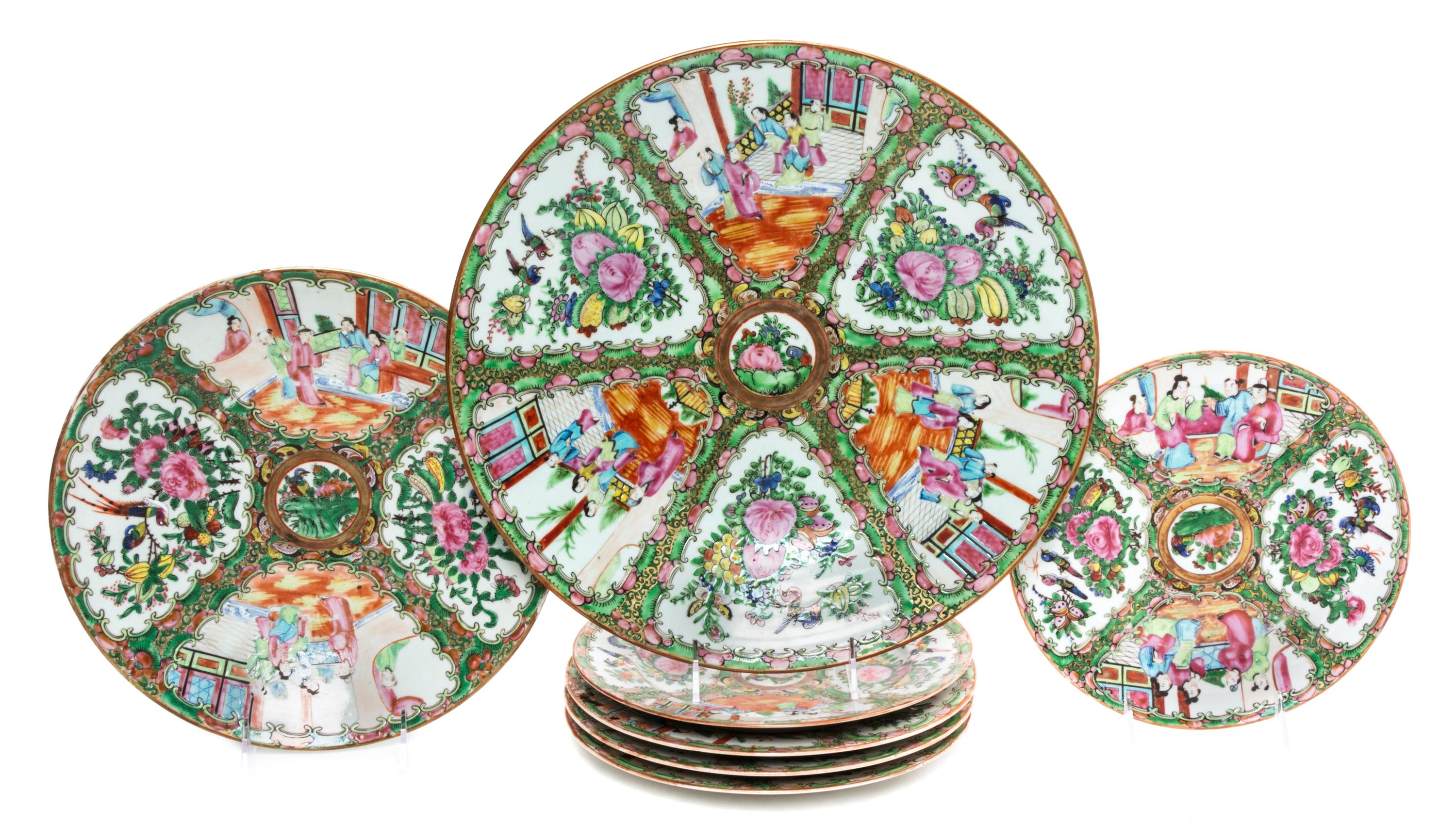 A Group of Seven Rose Medallion Porcelain Plates Diameter of largest 9 3/4 inches.