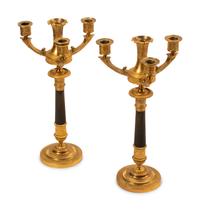 A Pair of Empire Style Gilt and Patinated Bronze Four-Light Candelabra