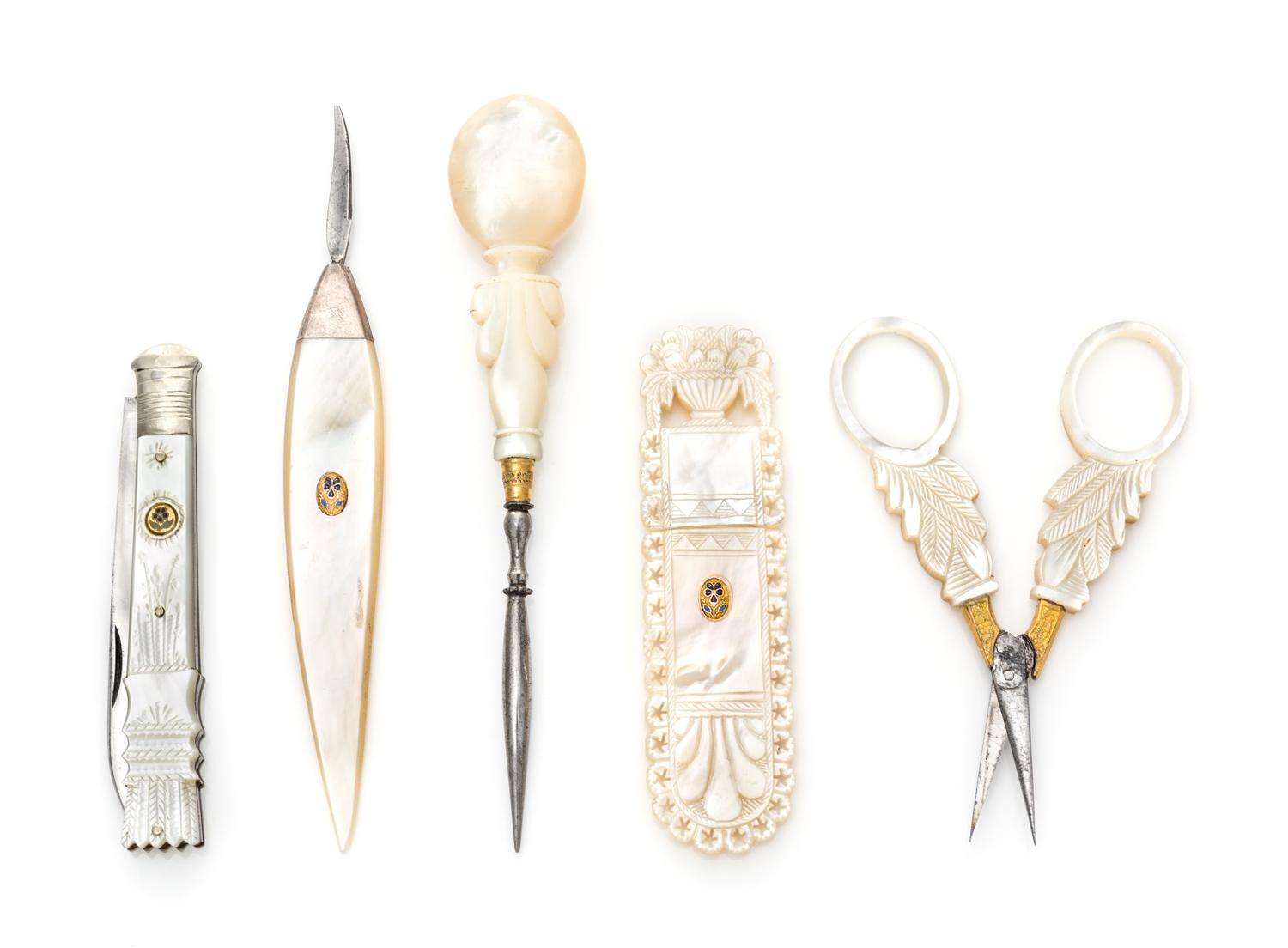 A Group of Five Palais Royal Mother-of-Pearl Sewing Tools, , comprising a stiletto, pocket knife, scissors, needle case and a seam cutt