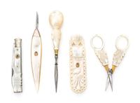 A Group of Five Palais Royal Mother-of-Pearl Sewing Tools, , comprising a stiletto, pocket knife, scissors, needle case and a seam cutt