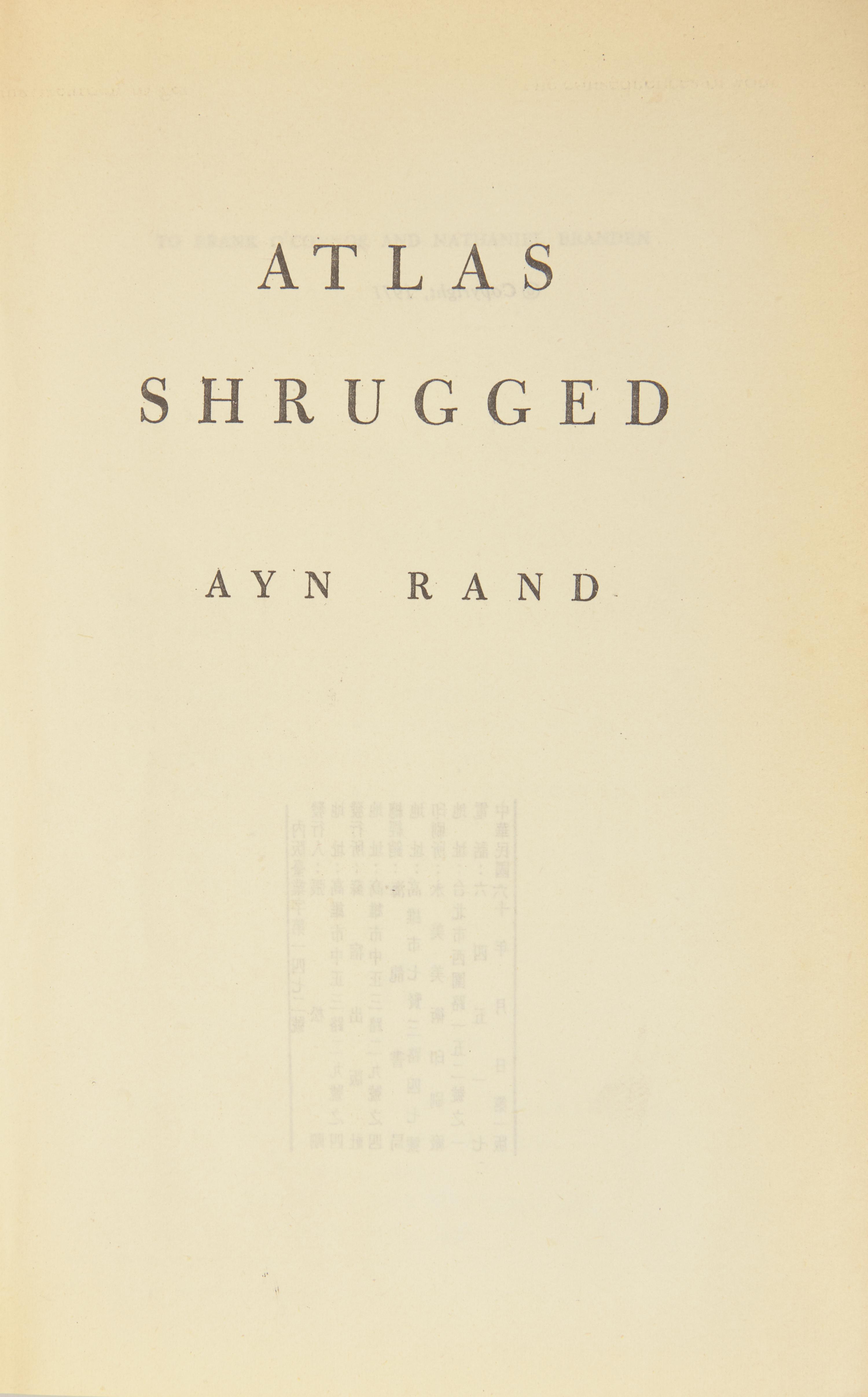 RAND, Ayn (1905-1982). Atlas Shrugged . New York: Random House, [1957].