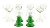 A Set of Six Juliska Glass Wine Stems Height of taller set 7 inches.