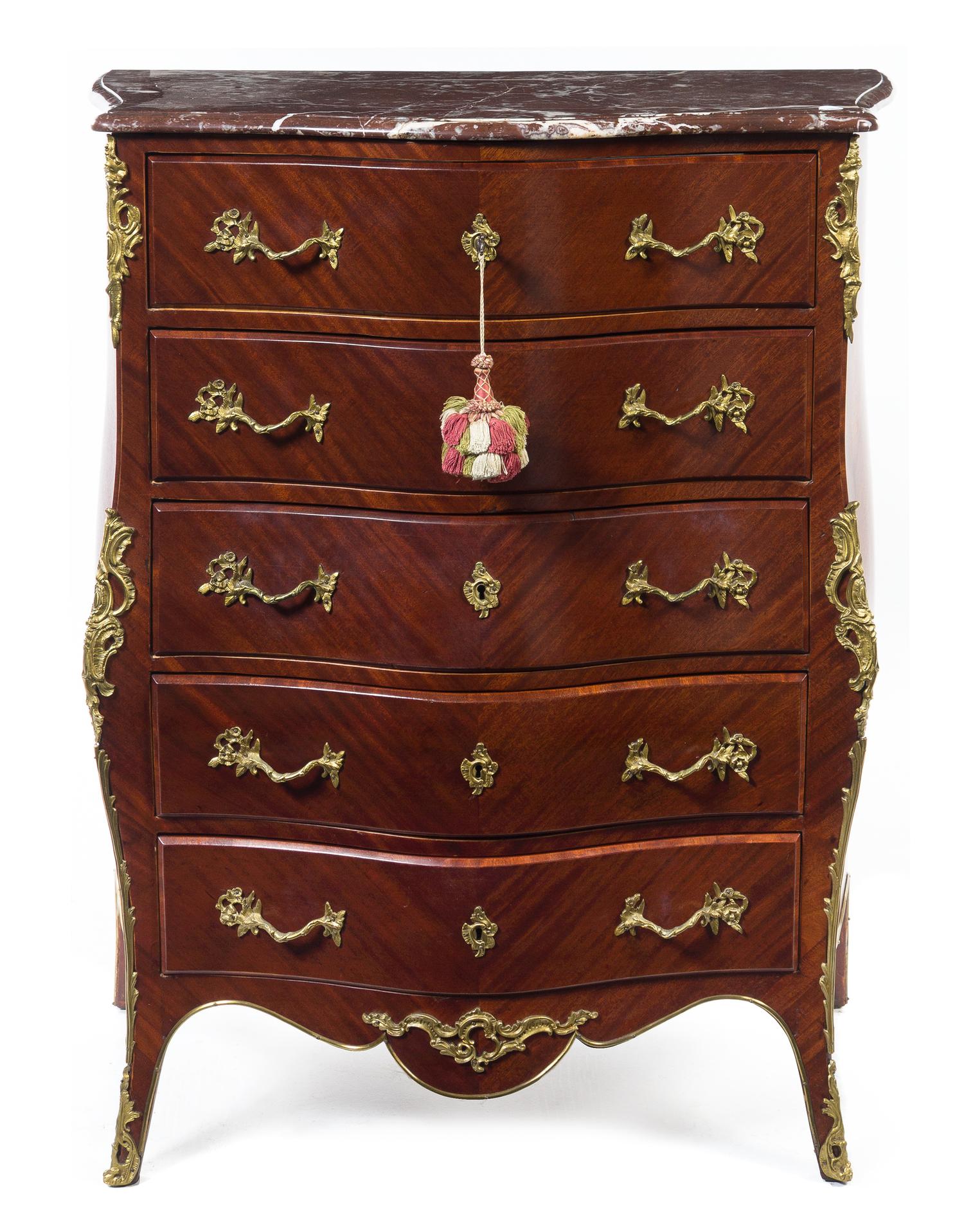 A Louis XV Style Gilt Bronze Mounted Kingwood Tall Chest Height 45 x width 36 1/2 x depth 21 inches. — 20TH CENTURY