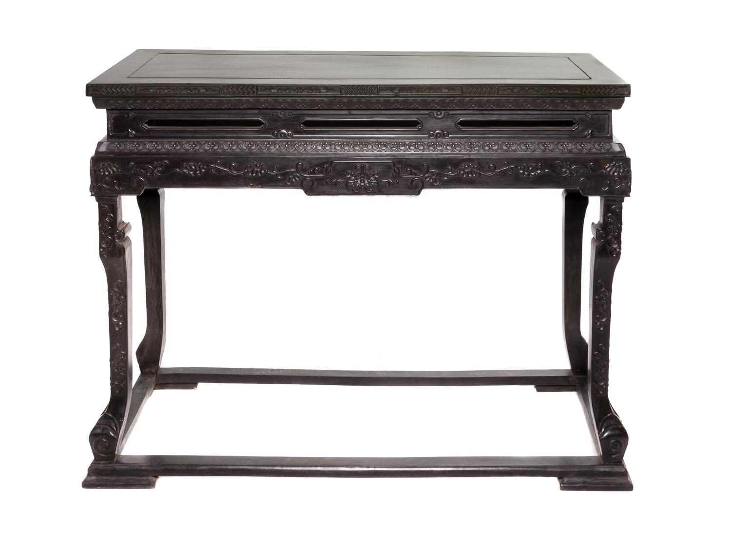 A Chinese Black Lacquer Table Height 32 3/4 x width 44 1/2 x depth 18 1/2 inches.