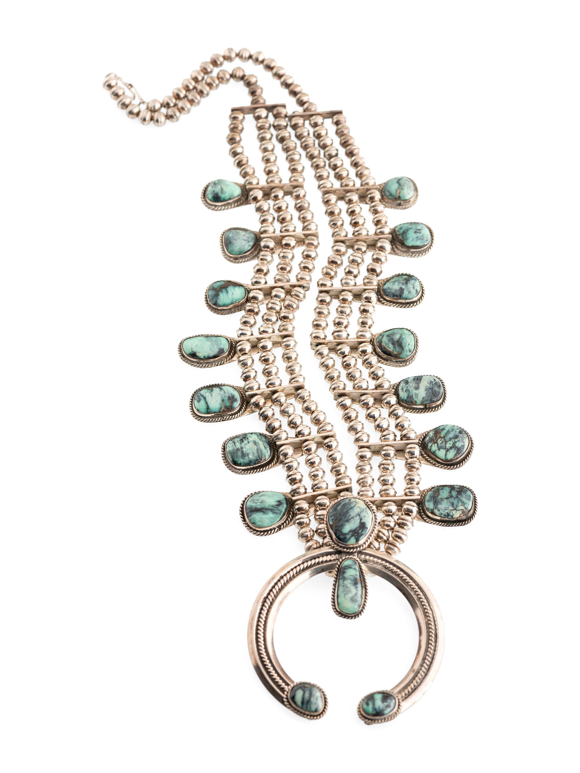 Navajo Silver and Variscite Squash Blossom Necklace