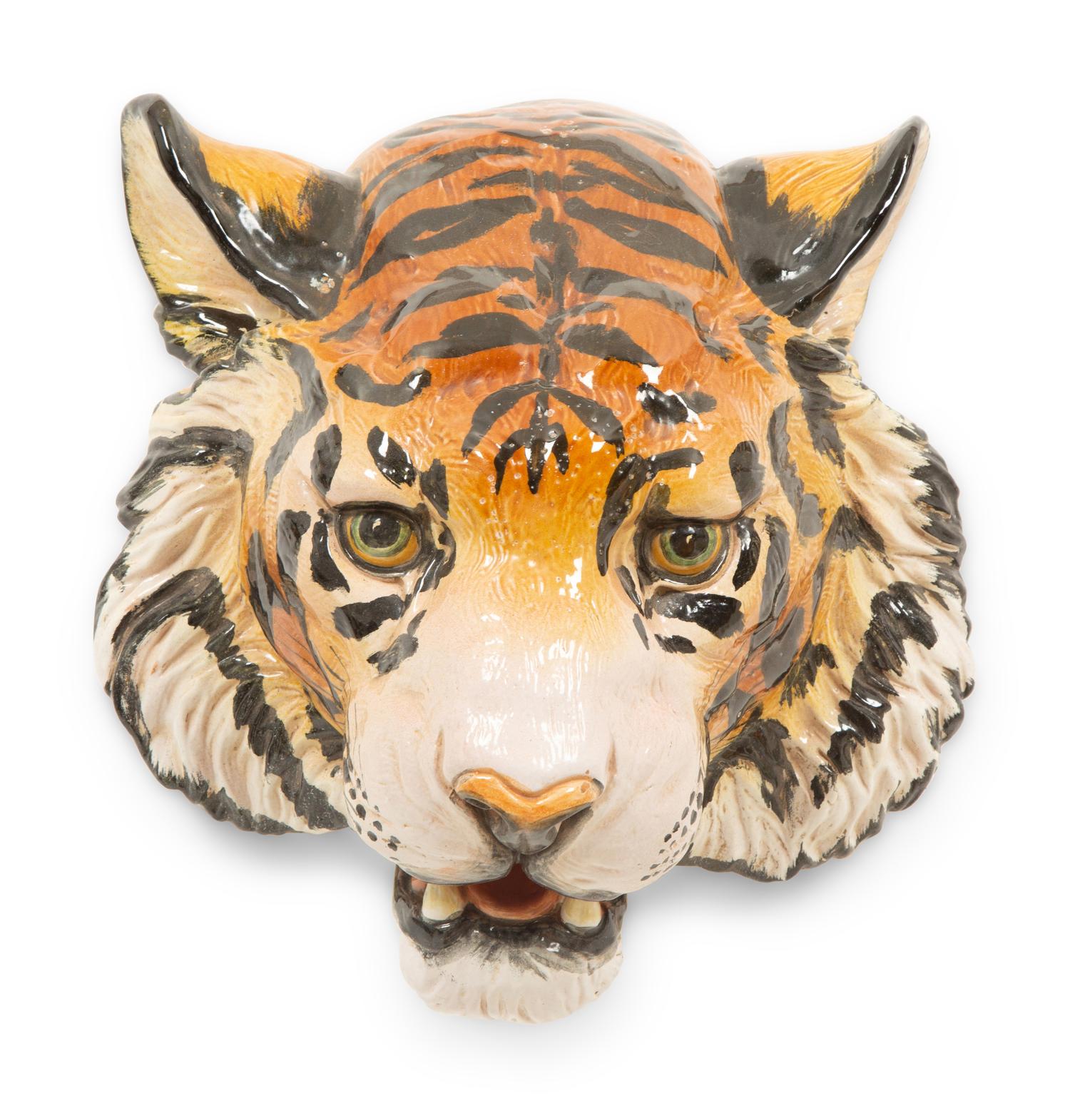A Group of Six Italian Glazed Terracotta Feline Head Wall Mounts