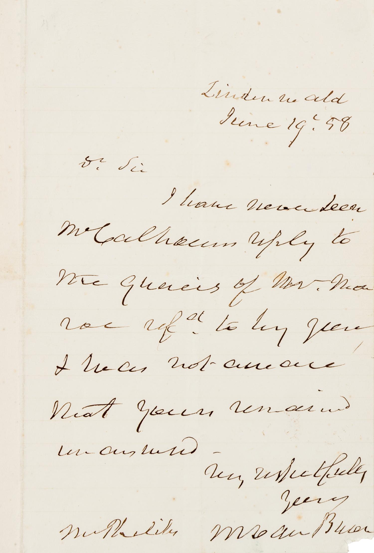 VAN BUREN, Martin (1782-1862). Autograph letter signed ("M. Van Buren"), to Mr. McPhilily(?). Lindenwald, 19 June 1858.