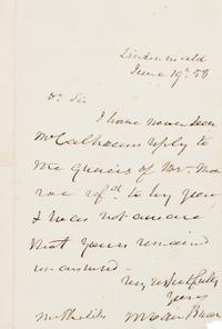 VAN BUREN, Martin (1782-1862). Autograph letter signed ("M. Van Buren"), to Mr. McPhilily(?). Lindenwald, 19 June 1858.