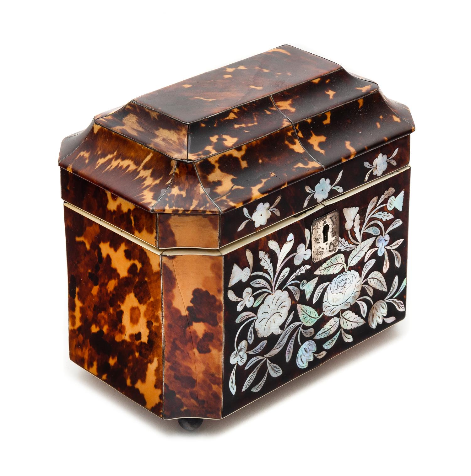 An English Mother-of-Pearl Inlaid Tortoise Shell Tea Caddy Height 5 1/2 x width 6 1/2 inches. — 19TH CENTURY