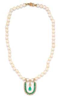 A Yellow Gold, Cultured Pearl, Emerald and Diamond Necklace,