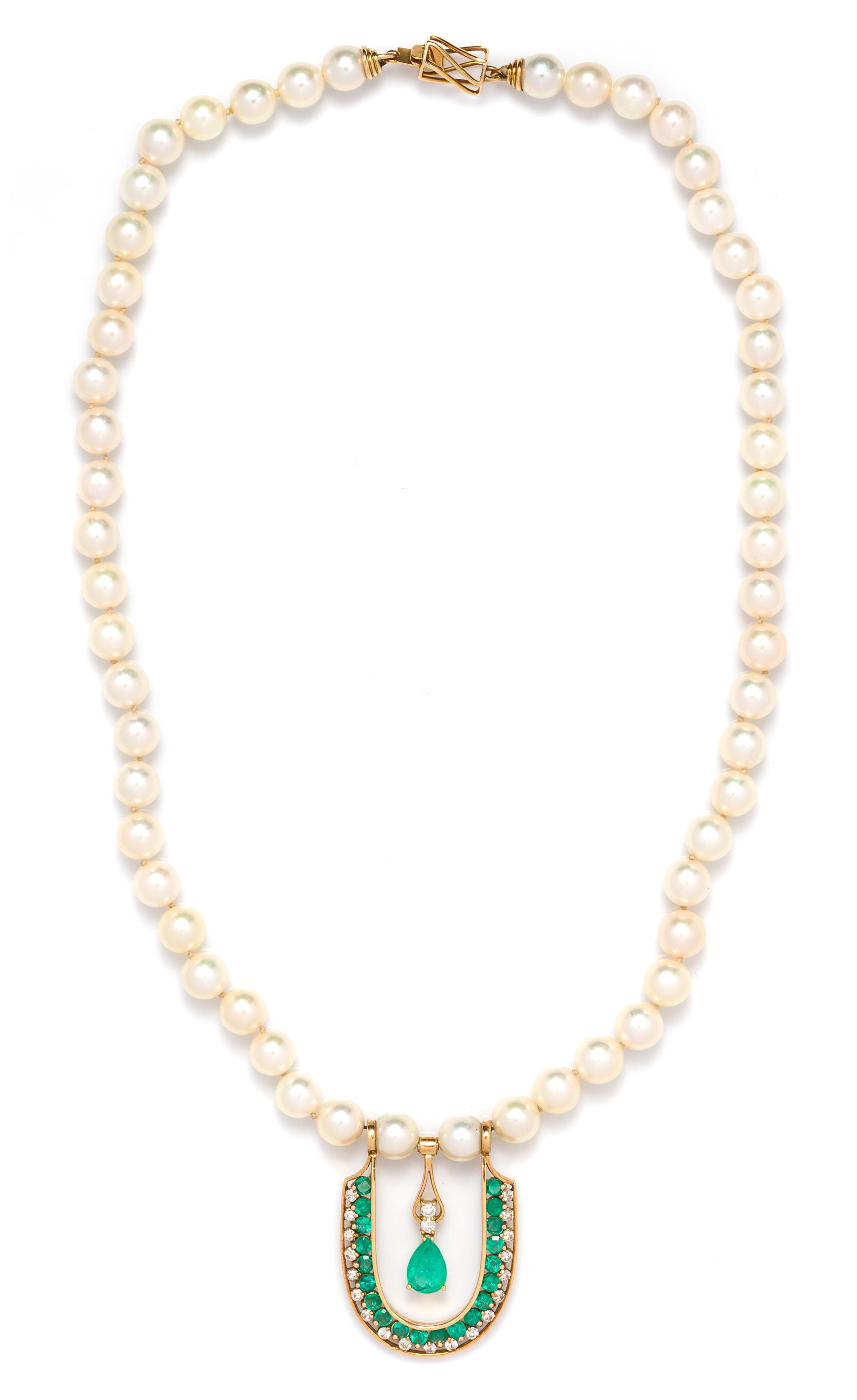 A Yellow Gold, Cultured Pearl, Emerald and Diamond Necklace,