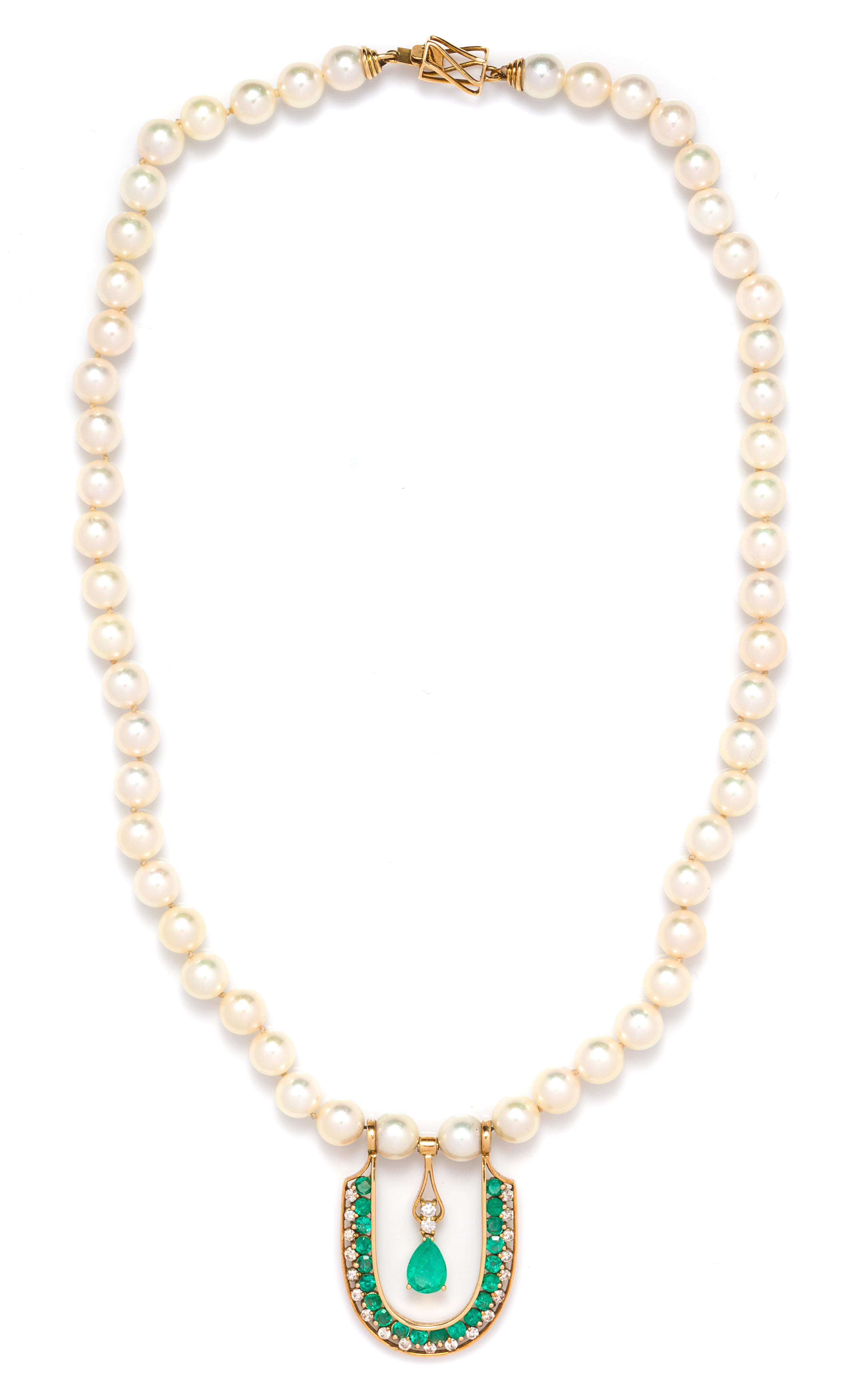 A Yellow Gold, Cultured Pearl, Emerald and Diamond Necklace,