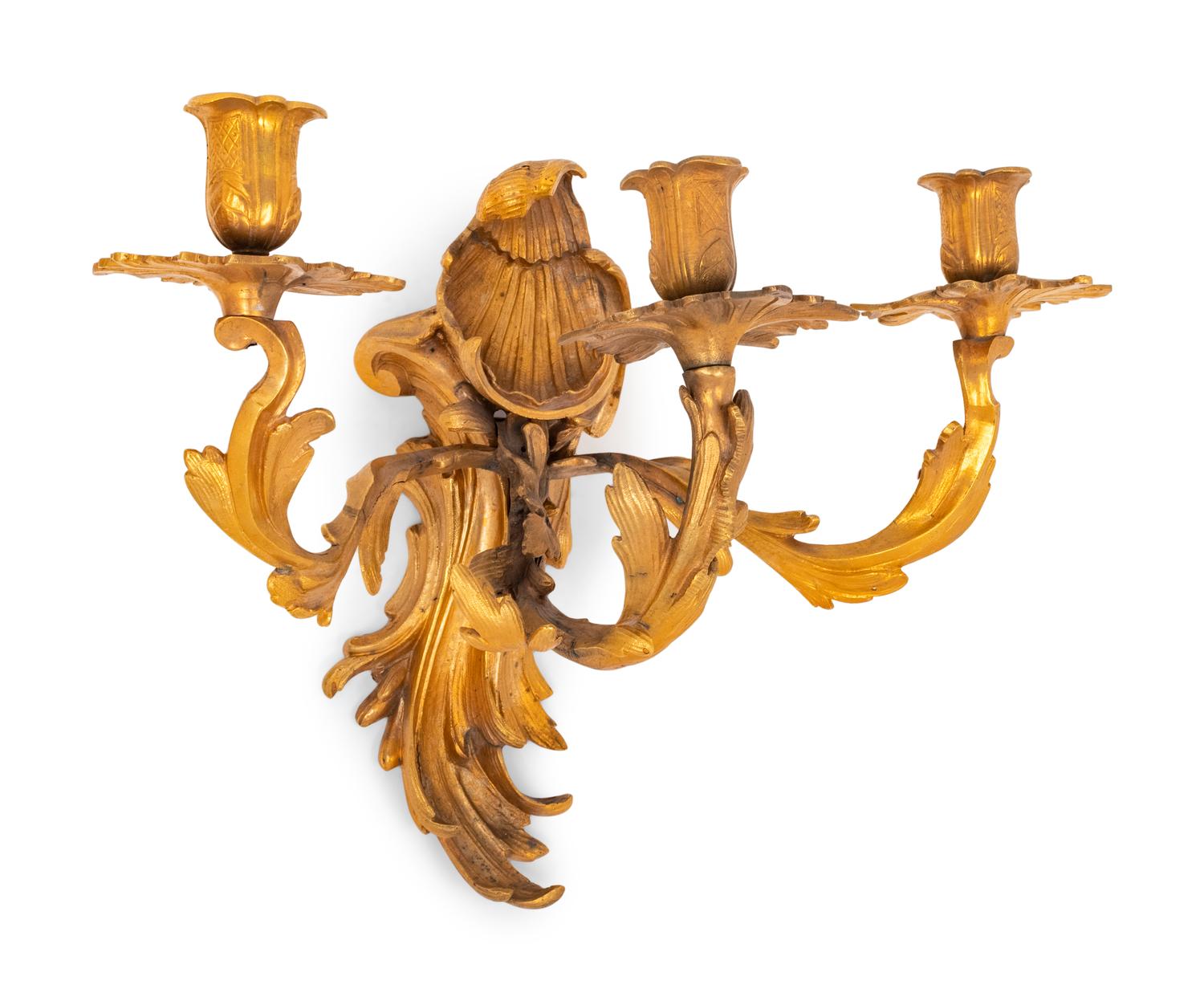 A Pair of Louis XV Style Gilt Bronze Three-Light Sconces