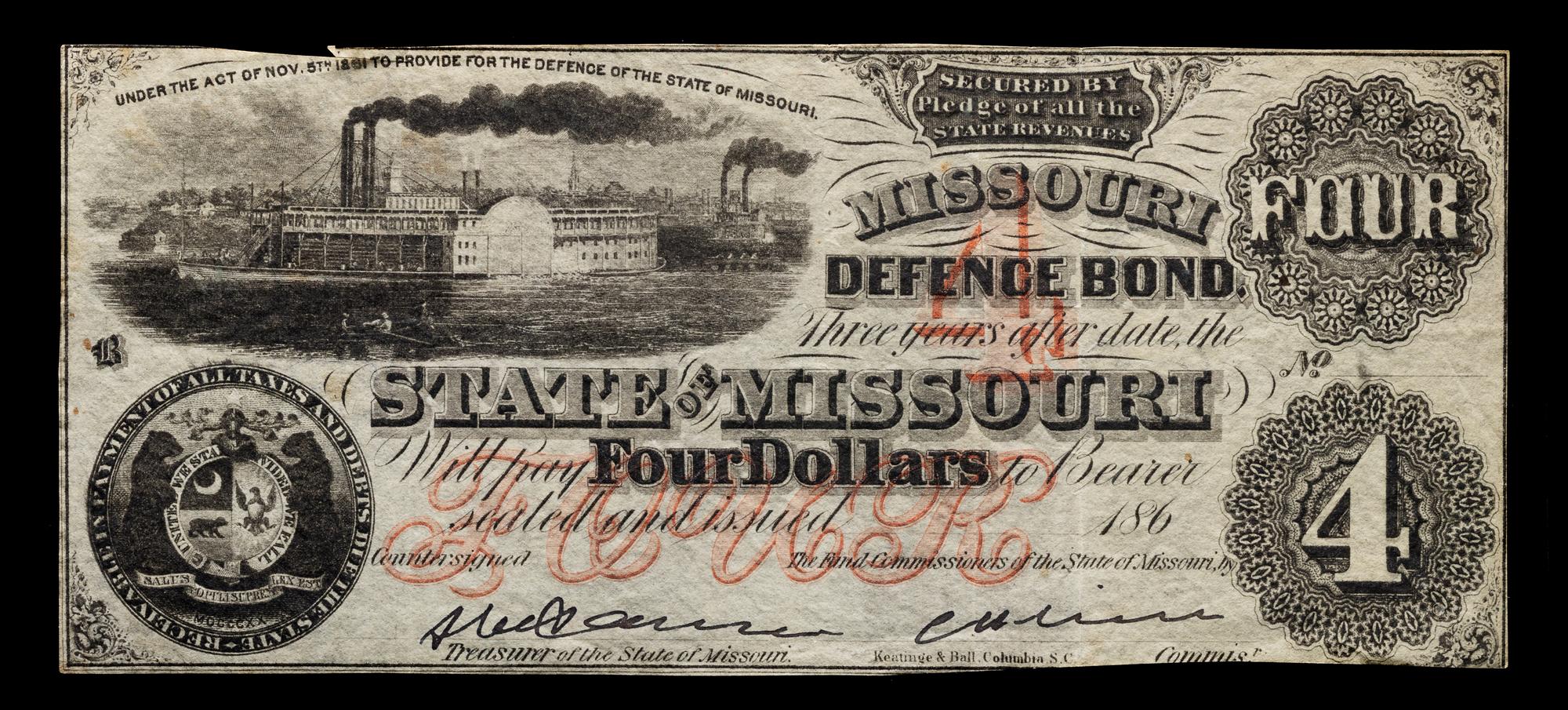 A State of Missouri 1861 $4 Defence Bond