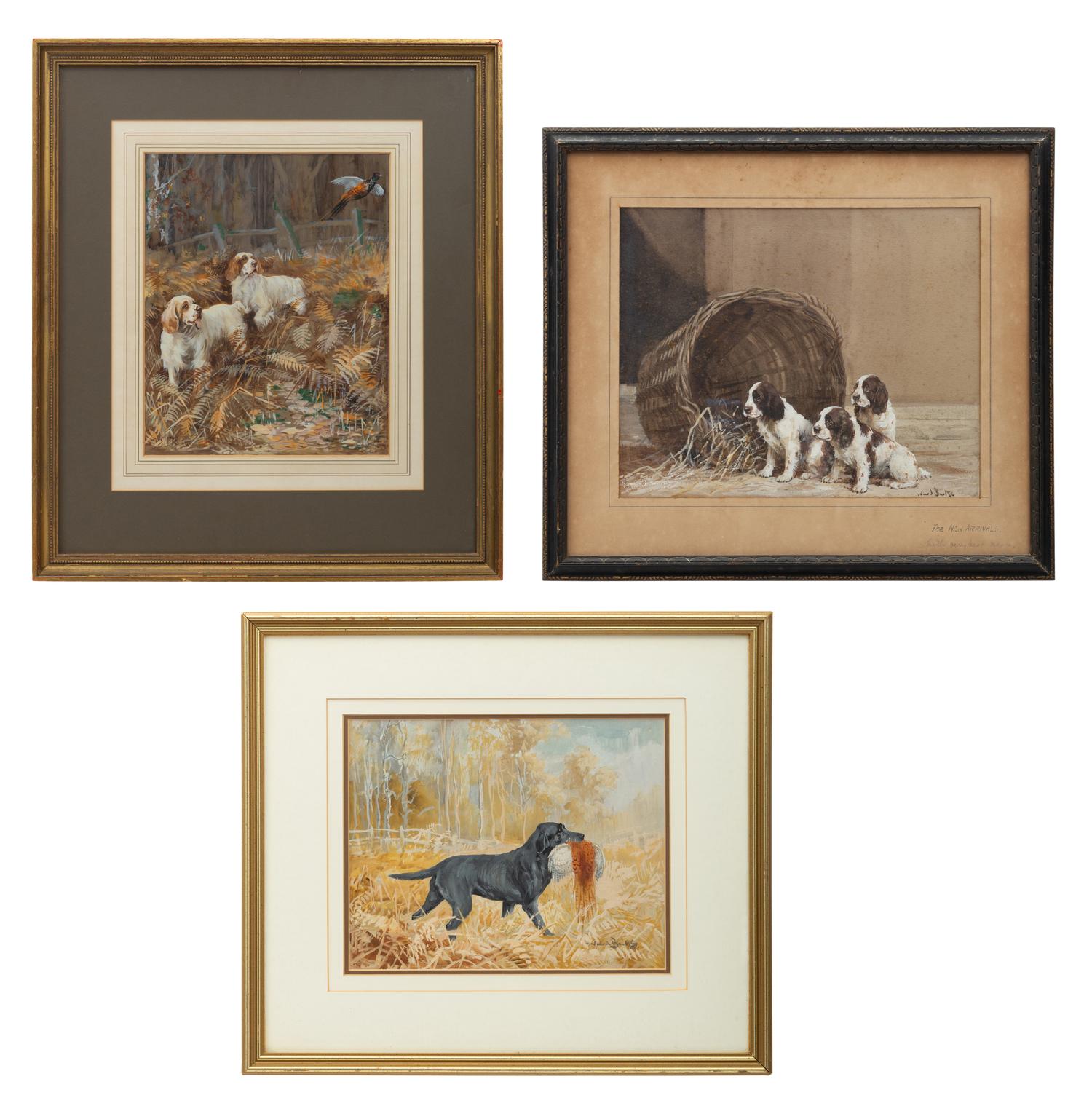 Black Labrador with Pheasant; Two Spaniels Chasing a Pheasant; The New Arrivals (three works)