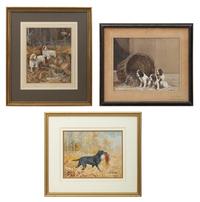 Black Labrador with Pheasant; Two Spaniels Chasing a Pheasant; The New Arrivals (three works)