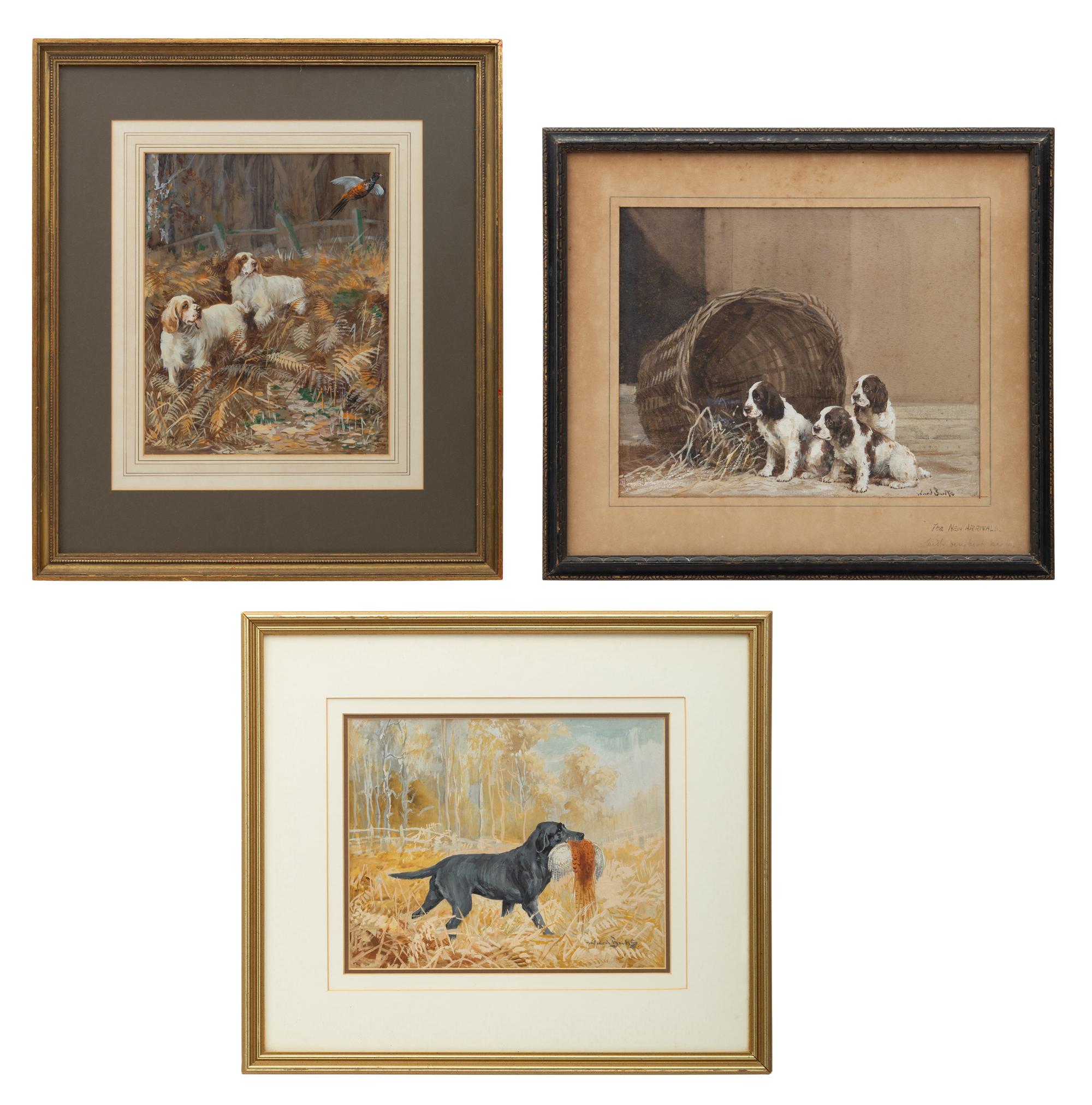 Black Labrador with Pheasant; Two Spaniels Chasing a Pheasant; The New Arrivals (three works)