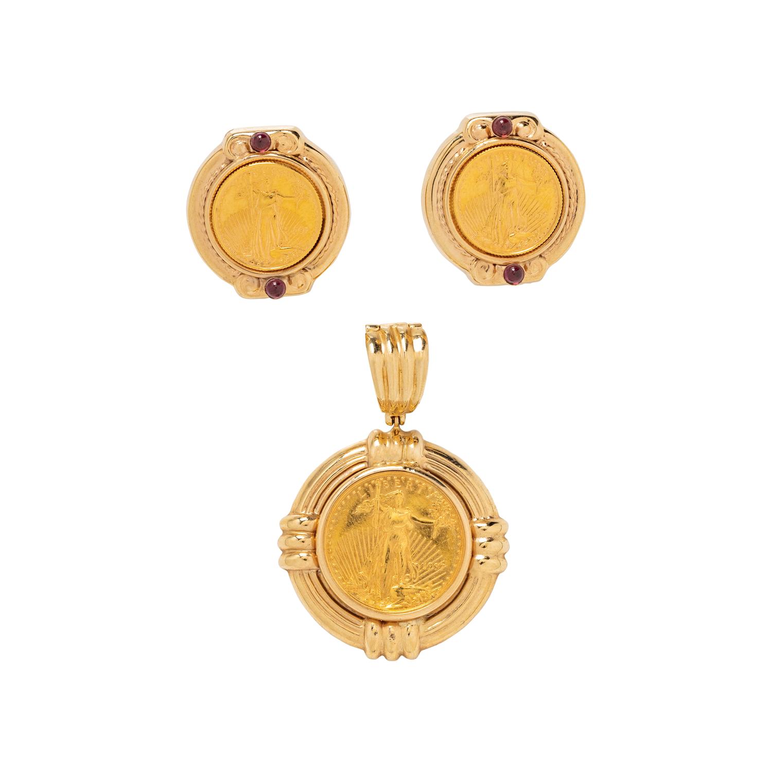 YELLOW GOLD LIBERTY COIN CLIP EARRINGS AND PENDANT