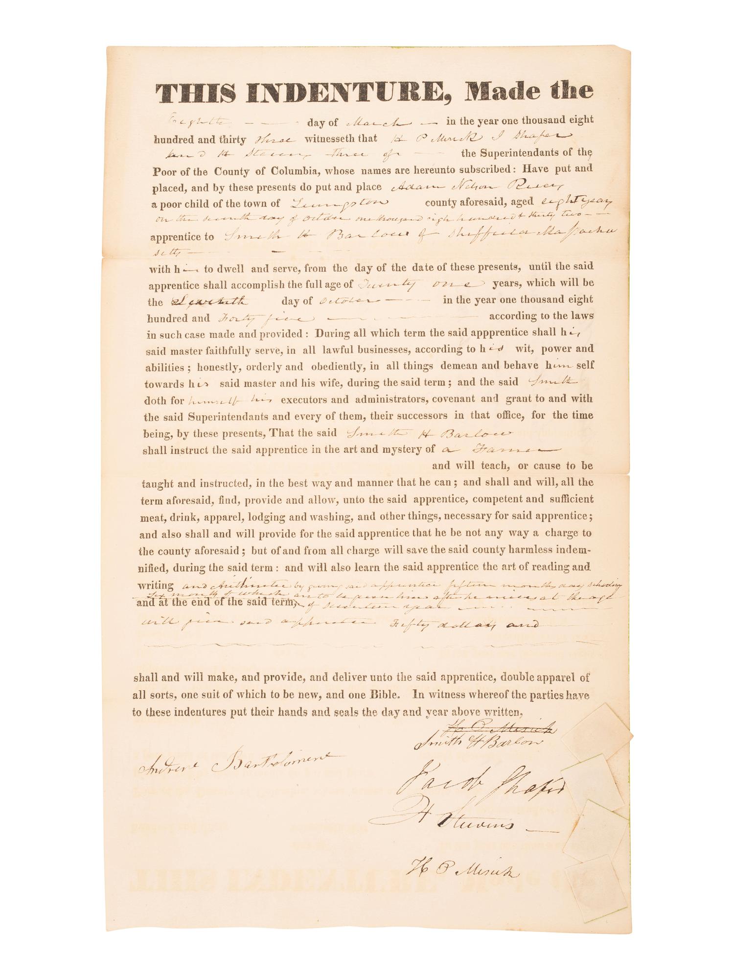 [AMERICANA]. Indenture placing "a poor child" into an apprenticeship.