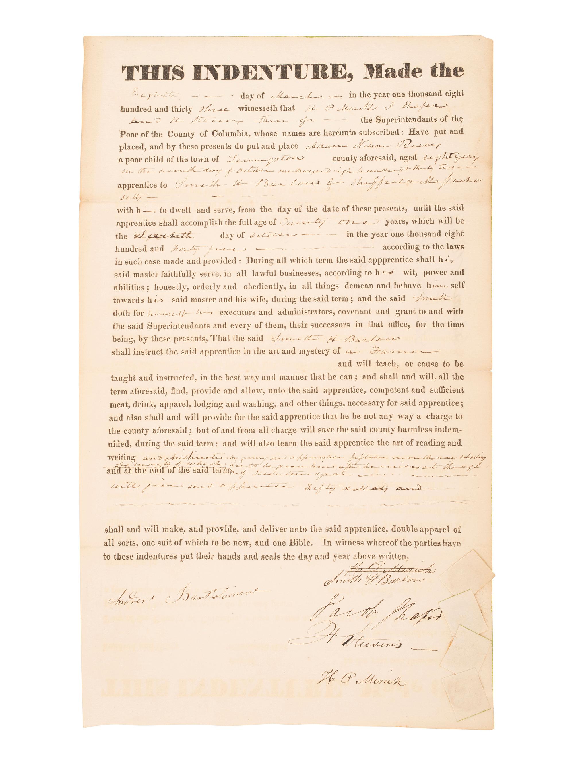 [AMERICANA]. Indenture placing "a poor child" into an apprenticeship.