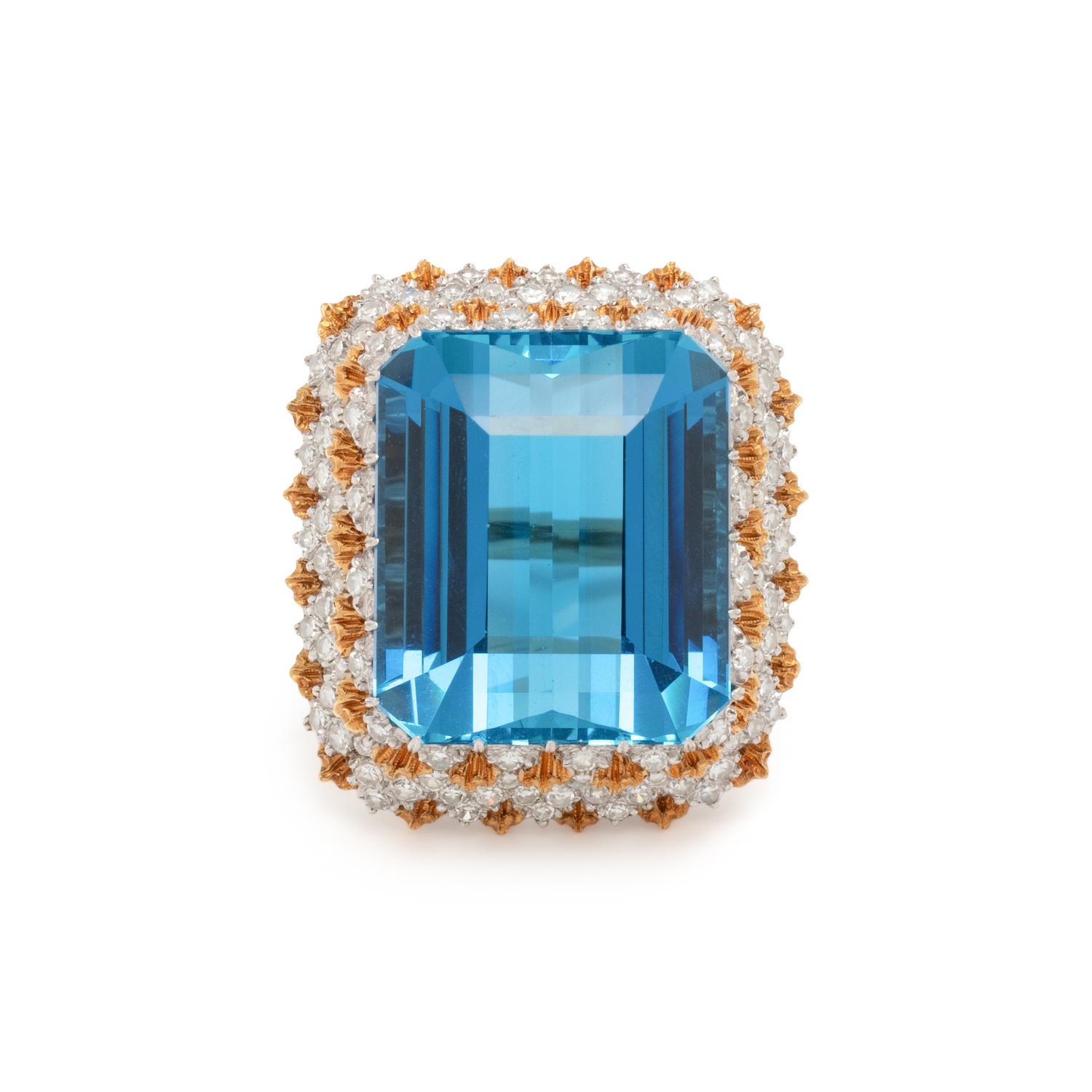 BUCCELLATI, AQUAMARINE, DIAMOND AND BICOLOR GOLD RING