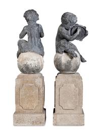 A Pair of Cast Lead Garden Figures of Pan on Associated Cast Stone Bases