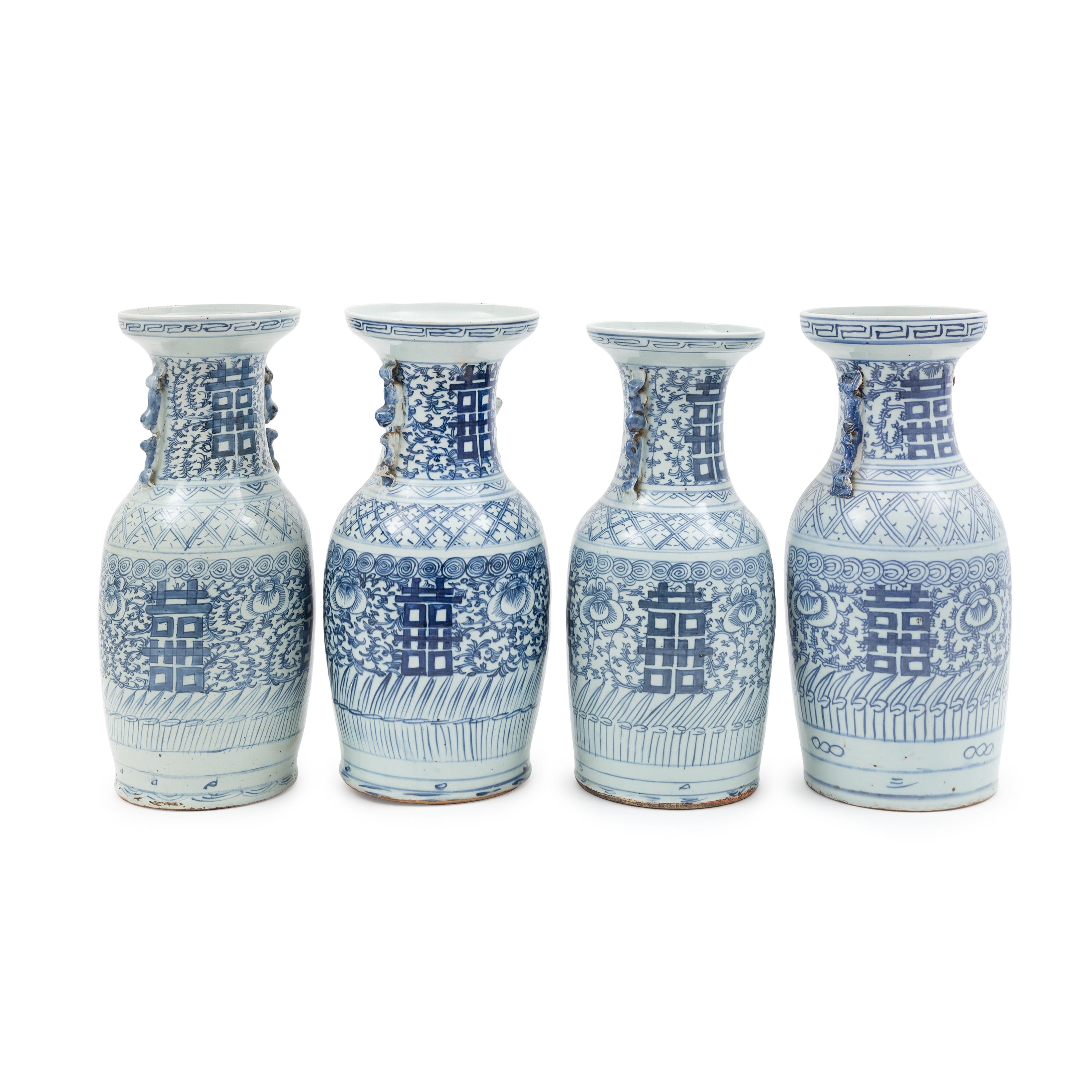Four Chinese Blue and White Porcelain 'Double Happiness' Vases